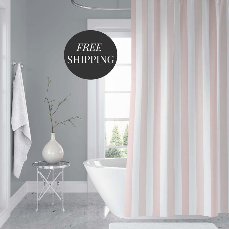 Blush Bathroom Collection Contemporary Shower Curtain Pink White Stripe Design Wedding Gift Package Modern Home Decor Water Resistant Material Premium Construction Master Bath Essential Elegant Style Vertical Pattern Beautiful Accessories