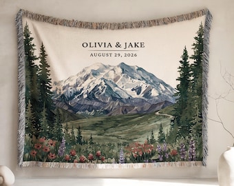 Coperta tessuta personalizzata Denali, regalo di nozze personalizzato per la coppia, anniversario del parco nazionale, escursionismo, Alaska, coperta di cotone con nome di famiglia, novelli sposi
