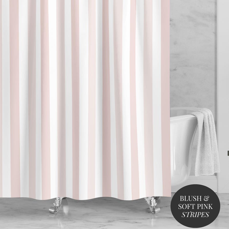 Pink Stripe Shower Curtain Modern Bathroom Decor Blush White Contemporary Design Water Resistant Polyester Material Fast Drying Construction Wedding Gift Set Beautiful Home Accessories Master Bath Collection Vertical Stripe Pattern Elegant