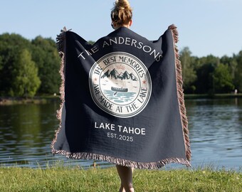 Personalized Lake House Blanket Custom Family Name Cabin Woven Cotton Throw Mountain Lake Home Gift Grandma Lake House Decor Camp Blanket