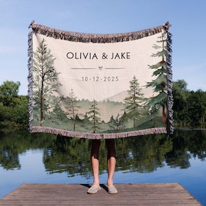 Outdoorsy Couples Blanket with Names Nature Lovers Engagement Gift Forest Wedding Cotton Anniversary Mountain Theme Camping Lovers Gift
