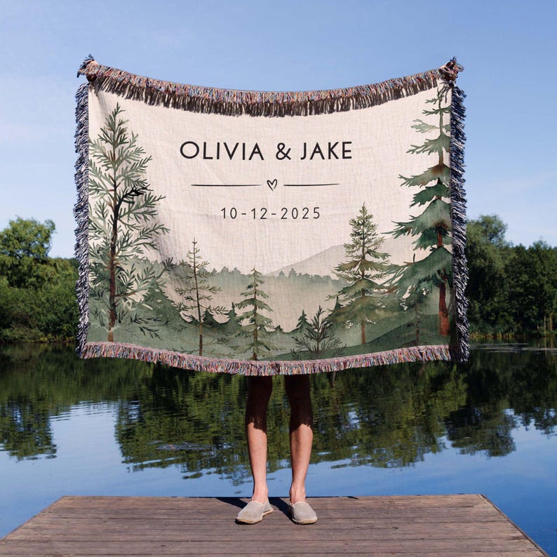 Outdoorsy Couples Blanket with Names Nature Lovers Engagement Gift Forest Wedding Cotton Anniversary Mountain Theme Camping Lovers Gift