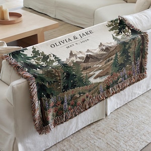 Personalized national park woven blanket with couples names and wedding date, wildflower mountain scene, outdoorsy couple gift