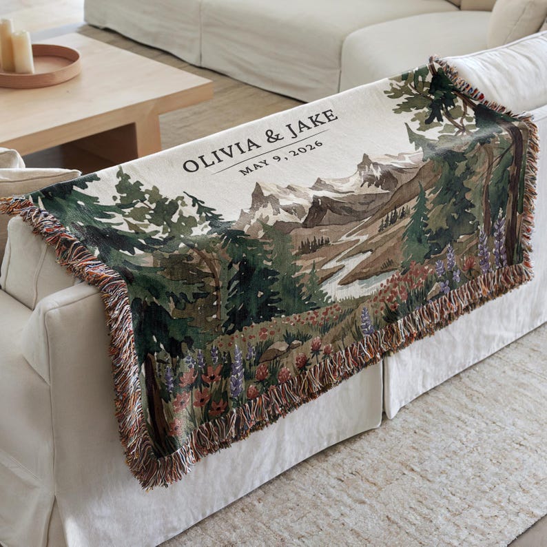 Personalized national park woven blanket with couples names and wedding date, wildflower mountain scene, outdoorsy couple gift