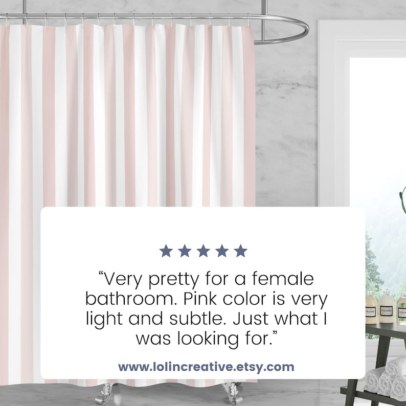 Modern Bathroom Decor Pink Stripe Shower Curtain Blush White Design Contemporary Home Collection Water Resistant Construction Premium Quality Material Wedding Gift Essential Beautiful Master Bath Accessories Vertical Pattern Elegant Style