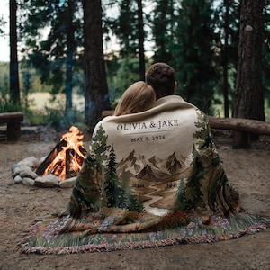 Personalized national park woven blanket with couples names and wedding date, wildflower mountain scene, outdoorsy couple gift