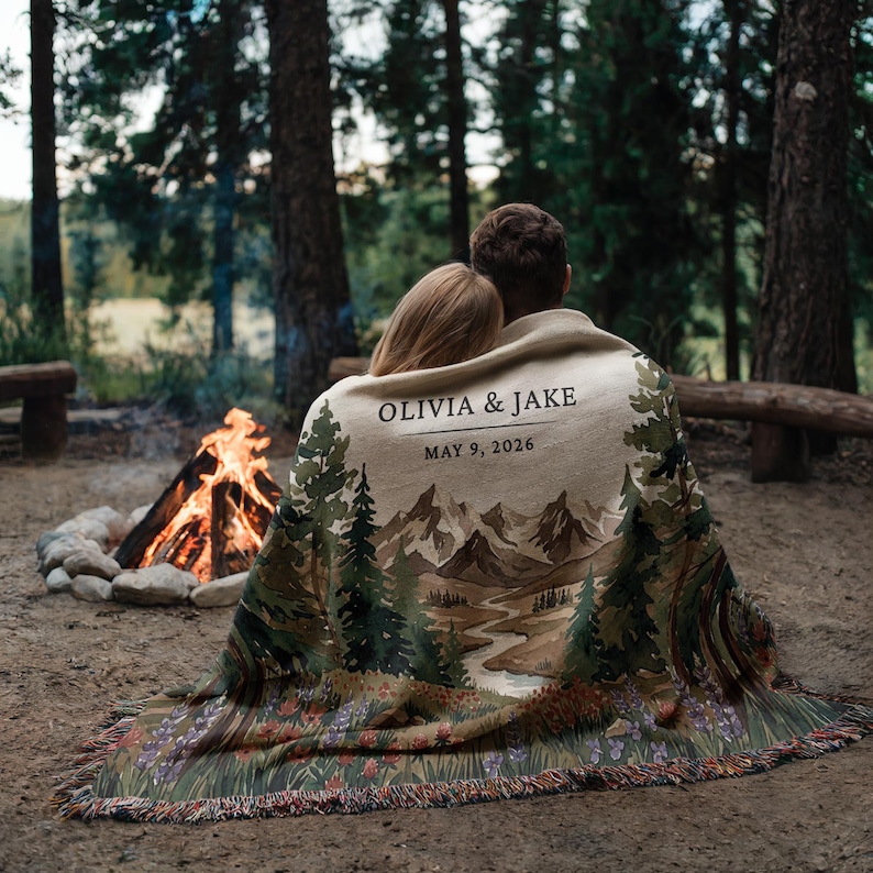 Personalized national park woven blanket with couples names and wedding date, wildflower mountain scene, outdoorsy couple gift