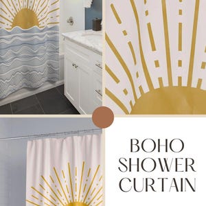 Boho Shower Curtain Coastal Bathroom Decor Blue Wave Pattern Pink Sun Design Modern Beach Theme Home Accent Abstract Wave Details Nautical Style Collection Summer Bathroom Makeover Essential White Background Decorative Pattern Beautiful