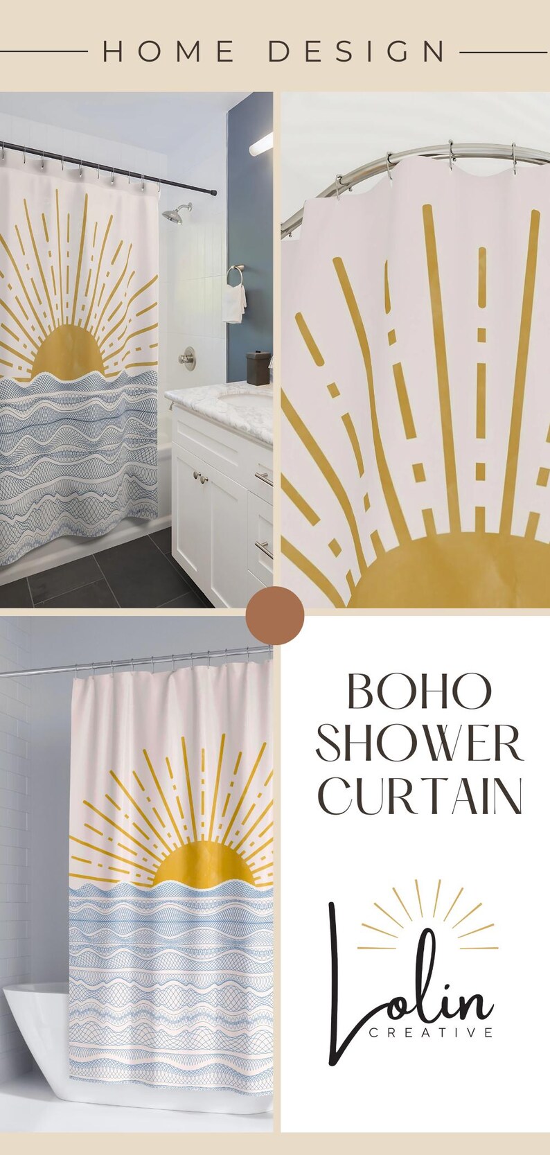 Boho Shower Curtain Coastal Bathroom Decor Blue Wave Pattern Pink Sun Design Modern Beach Theme Home Accent Abstract Wave Details Nautical Style Collection Summer Bathroom Makeover Essential White Background Decorative Pattern Beautiful