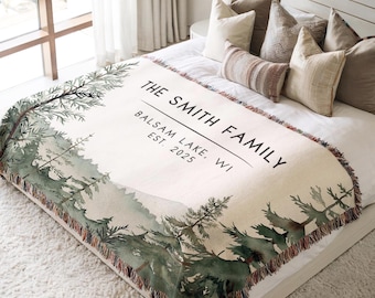 Coperta per baita di famiglia, decorazione personalizzata per casa sul lago, coperta tessuta con cognome, regalo personalizzato per baita, stile rustico, per amanti della natura, cimelio di famiglia