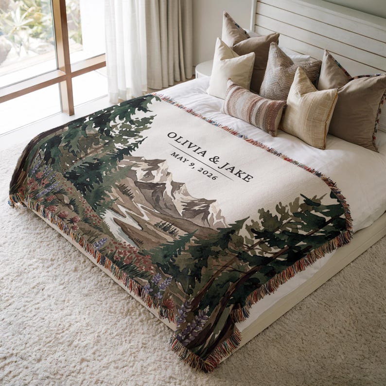 Personalized national park woven blanket with couples names and wedding date, wildflower mountain scene, outdoorsy couple gift