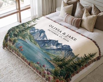 Coperta tessuta personalizzata Lake Clark con nomi personalizzati, regalo di nozze per la coppia, anniversario del parco nazionale, Alaska, cognome di famiglia, novelli sposi.