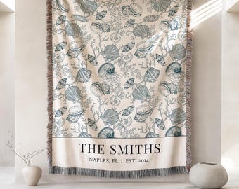 Personalized Family Beach House Blanket Coastal Seashell Woven Throw Custom Last Name Blanket Nautical Lake House Gift