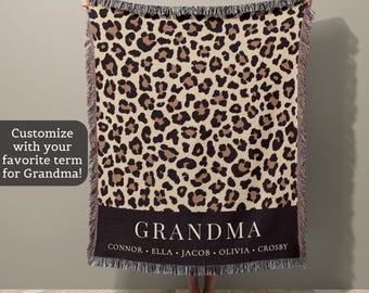 Personalized Leopard Print Woven Blanket Grandma With Grandkids Names Custom Cheetah Throw Nana Gift Cotton Animal Print Tapestry