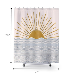 Beach Theme Bathroom Boho Shower Curtain Blue Wave Pattern Coastal Home Decor Pink Sun Design Modern Collection Premium Construction Quality Nautical Style Accent Summer Essential Beautiful Room Addition White Background Decorative Pattern
