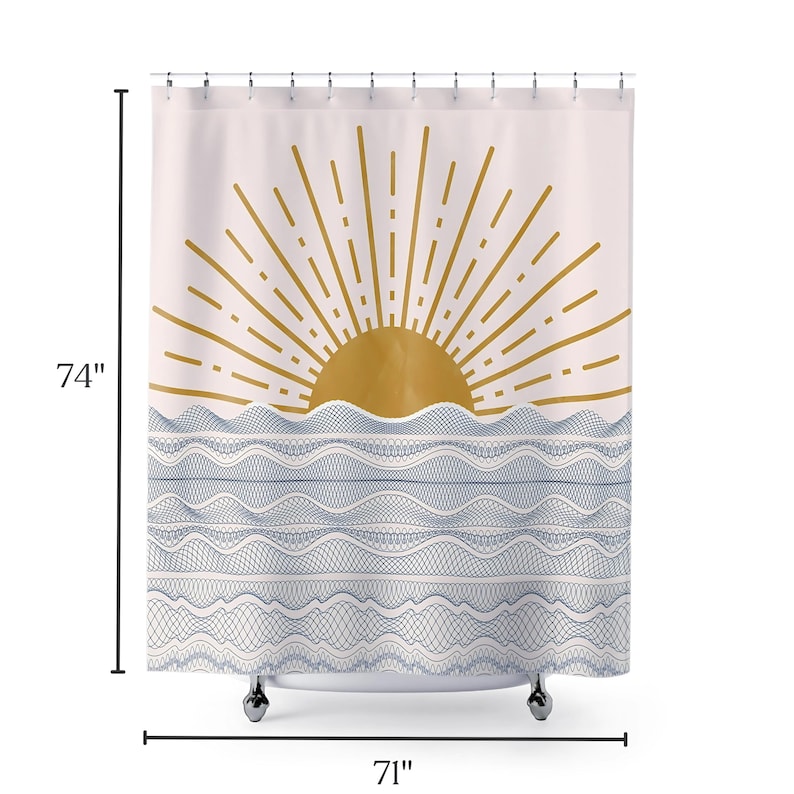 Beach Theme Bathroom Boho Shower Curtain Blue Wave Pattern Coastal Home Decor Pink Sun Design Modern Collection Premium Construction Quality Nautical Style Accent Summer Essential Beautiful Room Addition White Background Decorative Pattern