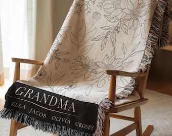 Custom Nana Woven Throw Blanket Personalized Sunflower Floral Grandkids Names Grandma Presents From Kids Birthday Cotton Nonna Gift
