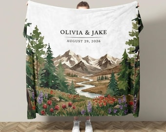 Personalized Mountain Blanket Wedding Gifts for Couple Name Keepsake Custom Anniversary Gift Watercolor Throw National Park Nature Landscape