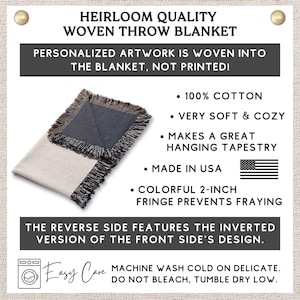 May include: A woven throw blanket with a gray and beige design, featuring a colorful 2-inch fringe. The blanket is made of 100% cotton and is very soft and cozy. The text on the image says "Heirloom Quality Woven Throw Blanket".