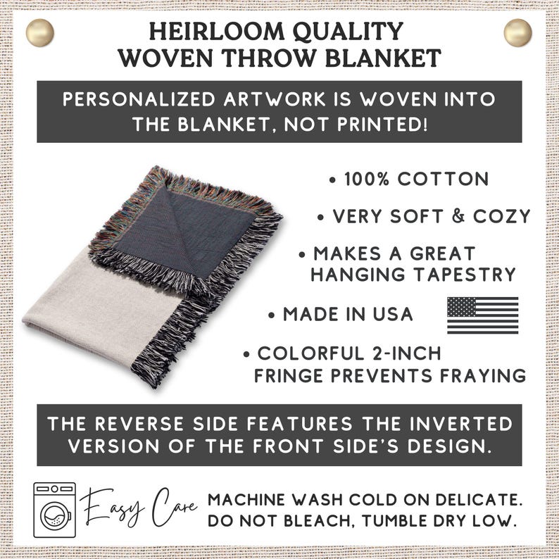 May include: A woven throw blanket with a gray and beige design, featuring a colorful 2-inch fringe. The blanket is made of 100% cotton and is very soft and cozy. The text on the image says "Heirloom Quality Woven Throw Blanket".