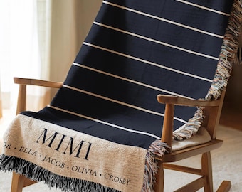 Custom Grandma Name Blanket Navy Stripe Coastal Woven Throw Grandkids Names Preppy Beach House Decor Nana Gift From Grandkids Nautical Style