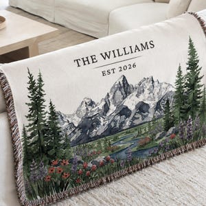 Personalized Grand Teton Woven Blanket National Park Couples Wedding Gift Custom Names Wyoming Jackson Adventurous Hiking Cotton Anniversary