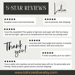 May include: Five-star reviews for a shop called "Lolin Creative". The reviews are positive and mention the quality of the products, the speed of shipping, and the friendly customer service.