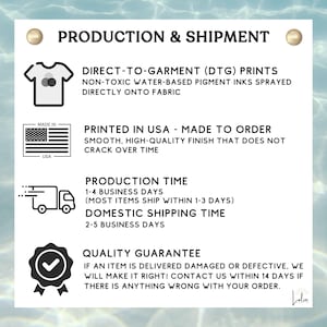 Puede incluir: Informaci&oacute;n de producci&oacute;n y env&iacute;o para prendas impresas personalizadas. Las impresiones directas a la prenda (DTG) se realizan con tintas de pigmento a base de agua no t&oacute;xicas que se pulverizan directamente sobre la tela. Impreso en los Estados Unidos, hecho a pedido, con un acabado suave y de alta calidad que no se agrieta con el tiempo. El tiempo de producci&oacute;n es de 1 a 4 d&iacute;as h&aacute;biles, con la mayor&iacute;a de los art&iacute;culos enviados dentro de 1 a 3 d&iacute;as. El tiempo de env&iacute;o nacional es de 2 a 5 d&iacute;as h&aacute;biles. Garant&iacute;a de calidad: Si un art&iacute;culo se entrega da&ntilde;ado o defectuoso, el vendedor lo reparar&aacute;. Comun&iacute;quese con el vendedor dentro de los 14 d&iacute;as si hay alg&uacute;n problema con su pedido.