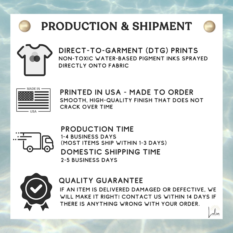 Puede incluir: Informaci&oacute;n de producci&oacute;n y env&iacute;o para prendas impresas personalizadas. Las impresiones directas a la prenda (DTG) se realizan con tintas de pigmento a base de agua no t&oacute;xicas que se pulverizan directamente sobre la tela. Impreso en los Estados Unidos, hecho a pedido, con un acabado suave y de alta calidad que no se agrieta con el tiempo. El tiempo de producci&oacute;n es de 1 a 4 d&iacute;as h&aacute;biles, con la mayor&iacute;a de los art&iacute;culos enviados dentro de 1 a 3 d&iacute;as. El tiempo de env&iacute;o nacional es de 2 a 5 d&iacute;as h&aacute;biles. Garant&iacute;a de calidad: Si un art&iacute;culo se entrega da&ntilde;ado o defectuoso, el vendedor lo reparar&aacute;. Comun&iacute;quese con el vendedor dentro de los 14 d&iacute;as si hay alg&uacute;n problema con su pedido.