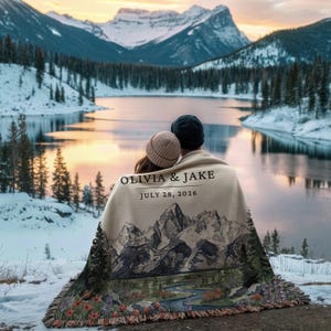 Personalized Grand Teton Woven Blanket National Park Couples Wedding Gift Custom Names Wyoming Jackson Adventurous Hiking Cotton Anniversary