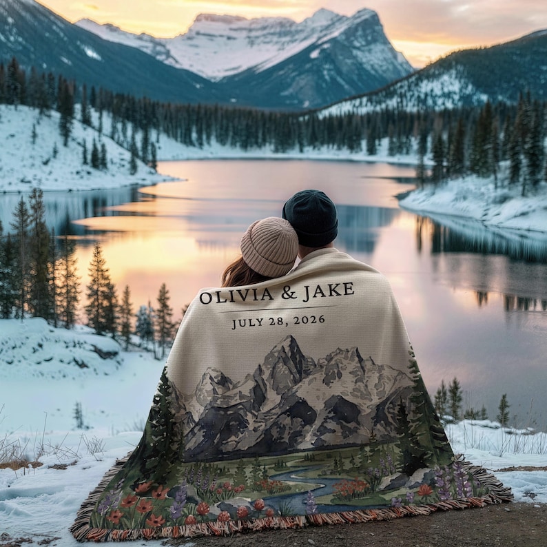 Personalized Grand Teton Woven Blanket National Park Couples Wedding Gift Custom Names Wyoming Jackson Adventurous Hiking Cotton Anniversary