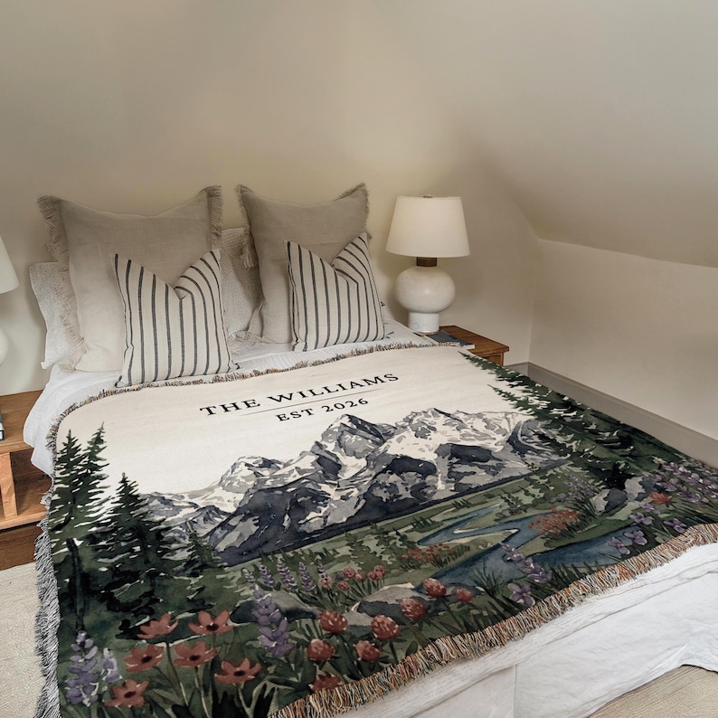 Personalized Grand Teton Woven Blanket National Park Couples Wedding Gift Custom Names Wyoming Jackson Adventurous Hiking Cotton Anniversary