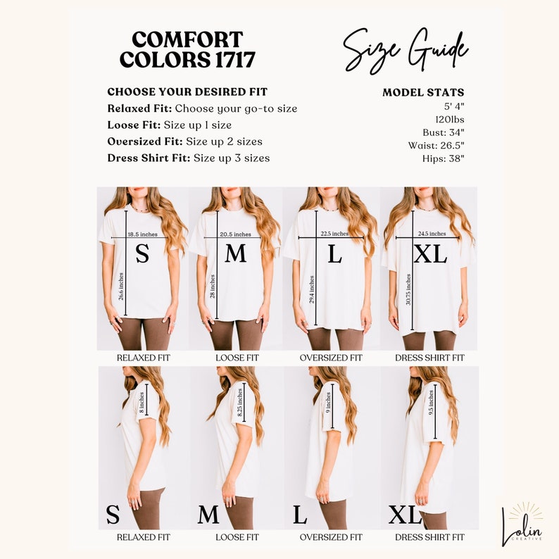 以下が含まれることがあります： Tシャツのサイズガイドで、リラックスフィット、ルーズフィット、オーバーサイズフィット、ドレスシャツフィットの4つのフィットがあります。ガイドでは、各フィットを着たモデルが、各サイズ（S、M、L、XL）の寸法とともに表示されています。モデルの身長は5フィート4インチ、体重は120ポンドです。ガイドには、モデルのバスト、ウエスト、ヒップの寸法も含まれています。