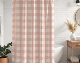Pink Gingham Shower Curtain Cottage Style Girls Bathroom Decor Washable Fabric Blush Buffalo Check Beach Style Bath