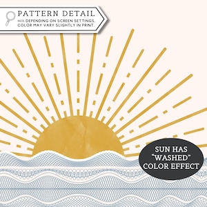 May include: A digital art print featuring a stylized sun with radiating lines in shades of yellow and gold against a cream background. The design includes a blue wave pattern at the bottom and text that reads "Pattern Detail" and "Sun Has Washed Color Effect."