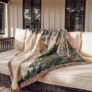 Personalized national park woven blanket with couples names and wedding date, wildflower mountain scene, outdoorsy couple gift