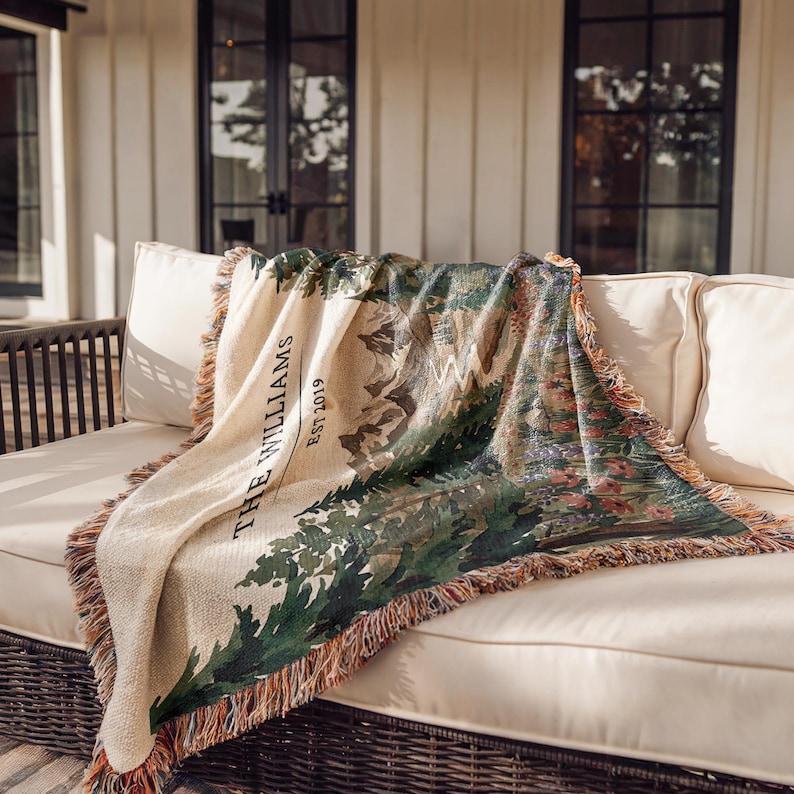Personalized national park woven blanket with couples names and wedding date, wildflower mountain scene, outdoorsy couple gift