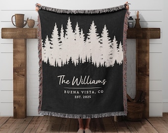 Personalized Woven Cabin Blanket Family Name Throw Custom Cabin Decorations Cottage Lake House Camping Gift Mountain Cabin Lodge Decor