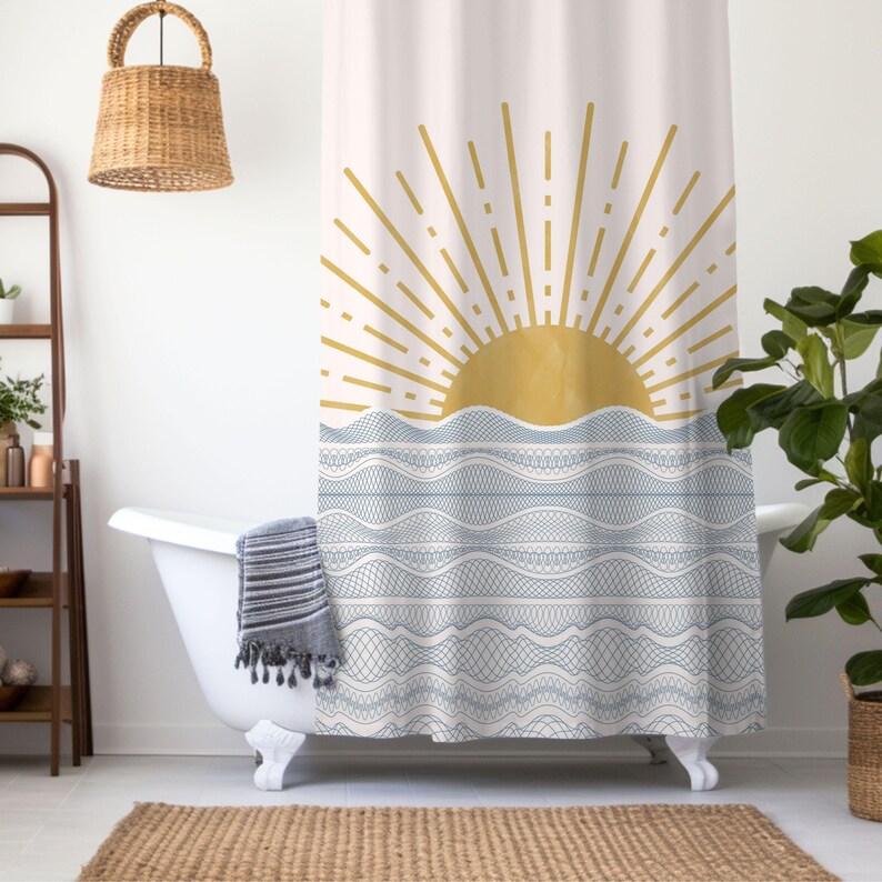 Beach Theme Bathroom Boho Shower Curtain Blue Wave Pattern Coastal Home Decor Pink Sun Design Modern Collection Premium Construction Quality Nautical Style Accent Summer Essential Beautiful Room Addition White Background Decorative Pattern