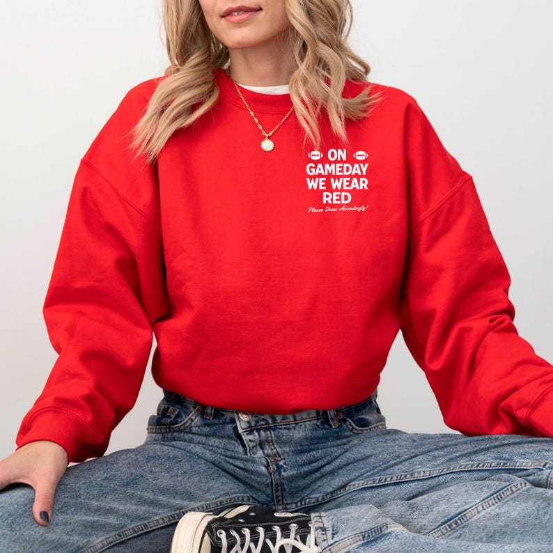 Wisconsin Football Sweatshirt On Gameday We Wear Red College Student Present Sports Fan Clothing Casual Gameday Fashion University of Wisconsin Alumni Gift Football Icons Design