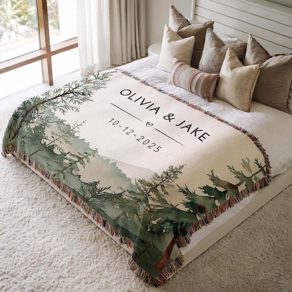 Outdoorsy Couples Blanket with Names Nature Lovers Engagement Gift Forest Wedding Cotton Anniversary Mountain Theme Camping Lovers Gift
