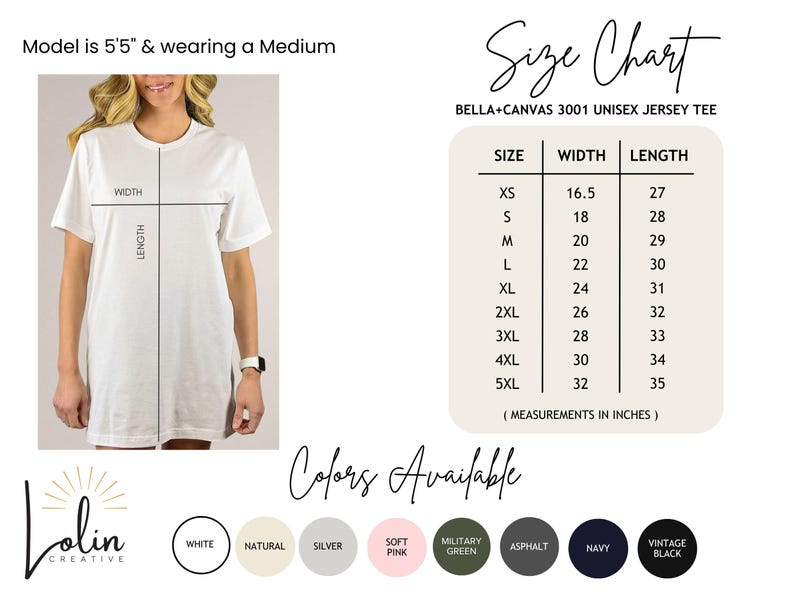 Puede incluir: Tabla de tallas para una camiseta de punto unisex, que muestra las medidas de ancho y largo en pulgadas para las tallas XS a 5XL. La tabla est&aacute; etiquetada como "Bella+Canvas 3001 Unisex Jersey Tee". Los colores disponibles son blanco, natural, plateado, rosa suave, verde militar, asfalto, azul marino y negro vintage.