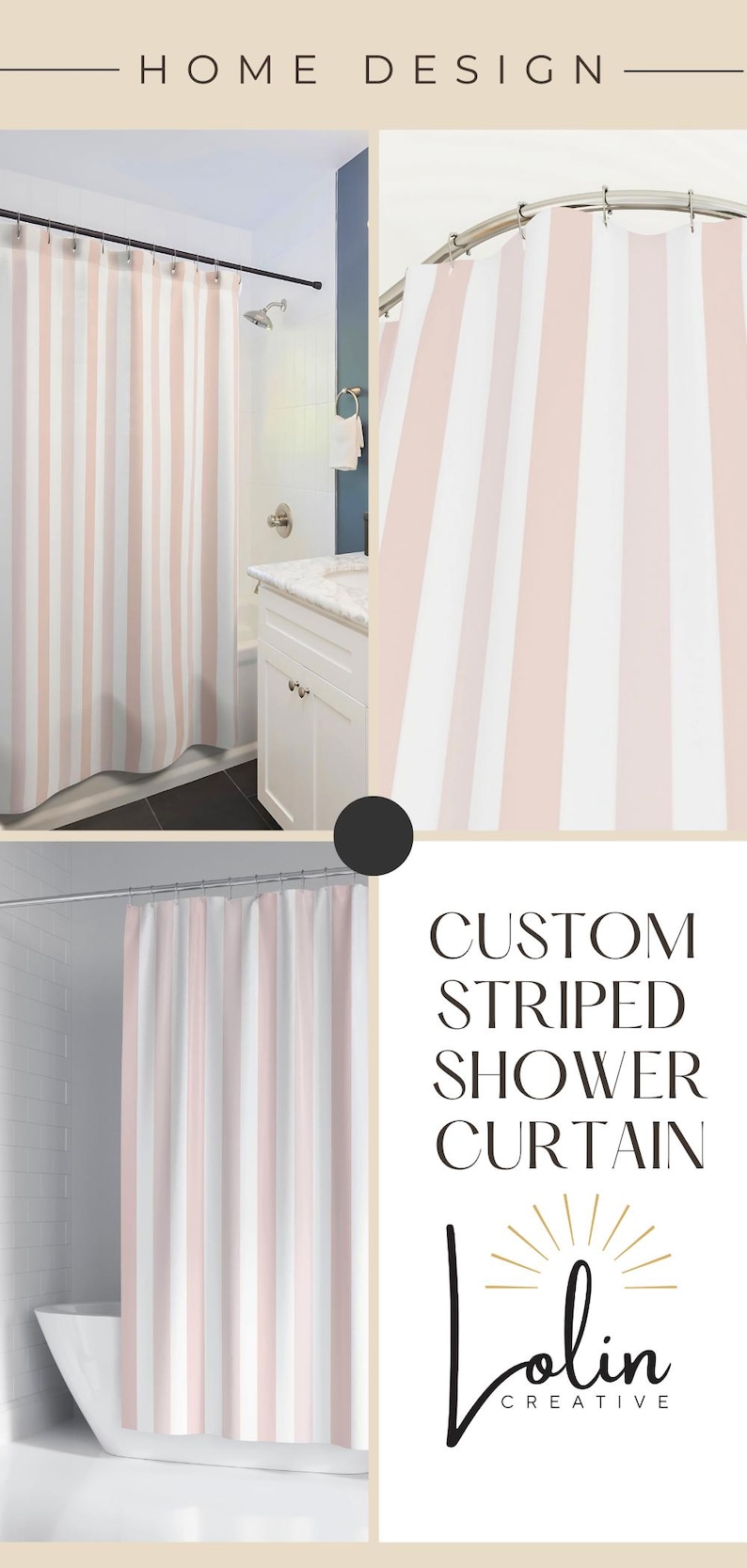 Pink Stripe Shower Curtain Modern Bathroom Decor Blush White Contemporary Design Water Resistant Polyester Material Fast Drying Construction Wedding Gift Set Beautiful Home Accessories Master Bath Collection Vertical Stripe Pattern Elegant