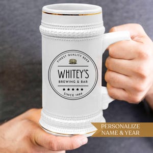 Personalized Beer Stein Gift For Men Bar Decor Man Cave Custom Design White Ceramic Pattern Gold Detail Drink Custom Tankard Bar Accessory
