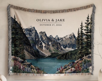 Personalized Banff Woven Blanket Canada National Park Cotton Anniversary Gift Moraine Lake Gift for Wife Wildflower Mountain Throw