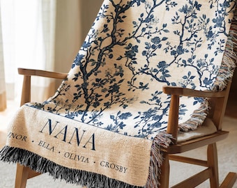 Personalized Toile Grandma Woven Blanket Custom Floral Grandkids Names Throw Nana Gift Grandma Presents Blue Chinoiserie Mothers Day Gift