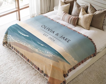 Personalized Beach Wedding Blanket Couple Names Gift Coastal Wedding Woven Cotton Anniversary Destination Beach Engagement Gift Ocean Scene
