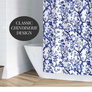 Blauer Duschvorhang Botanischer blauer und weißer Duschvorhang Chinoiserie Blauer Blumenbadvorhang Bauernhausstil Landhausdekoration Geschenk