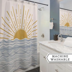 Beach Theme Bathroom Boho Shower Curtain Blue Wave Pattern Coastal Home Decor Pink Sun Design Modern Collection Premium Construction Quality Nautical Style Accent Summer Essential Beautiful Room Addition White Background Decorative Pattern