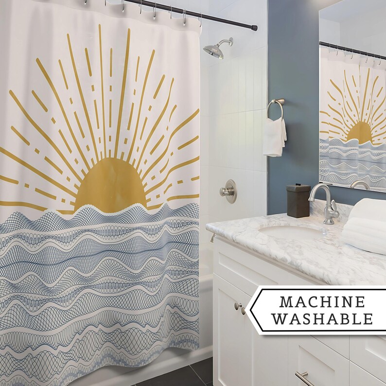 Beach Theme Bathroom Boho Shower Curtain Blue Wave Pattern Coastal Home Decor Pink Sun Design Modern Collection Premium Construction Quality Nautical Style Accent Summer Essential Beautiful Room Addition White Background Decorative Pattern
